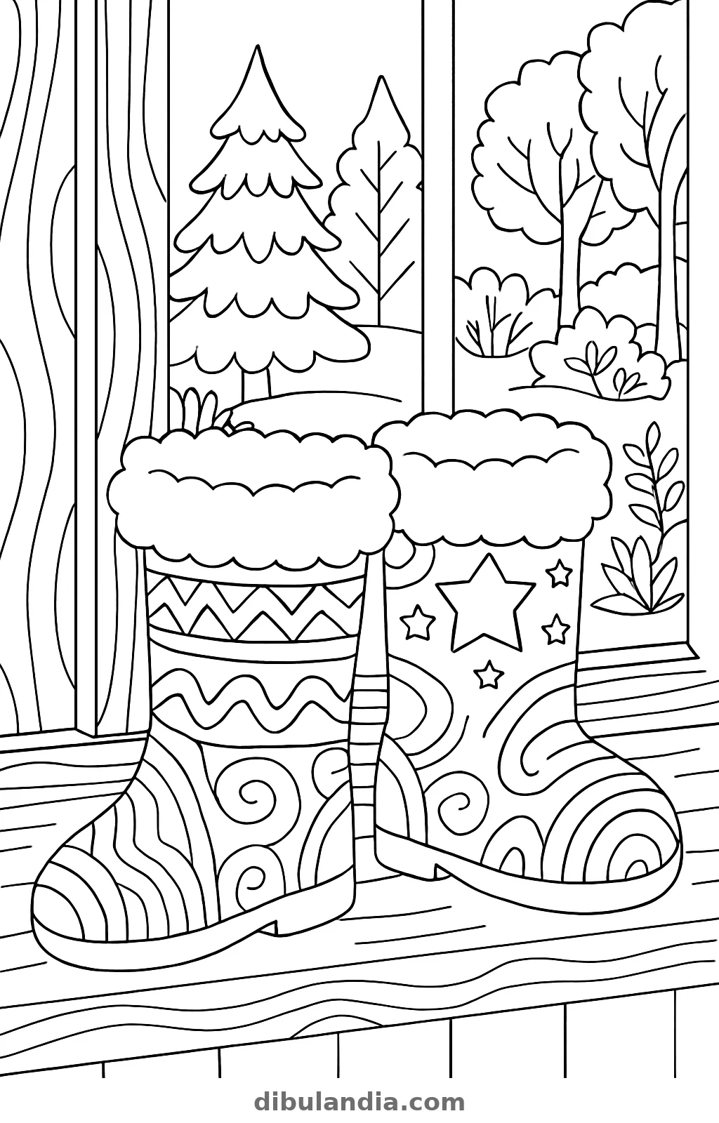 Zapatos esperando los regalos, dibujo en blanco y negro para colorear