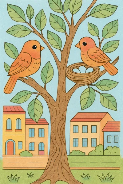 Ejemplo coloreado: Árbol con pájaros y nido