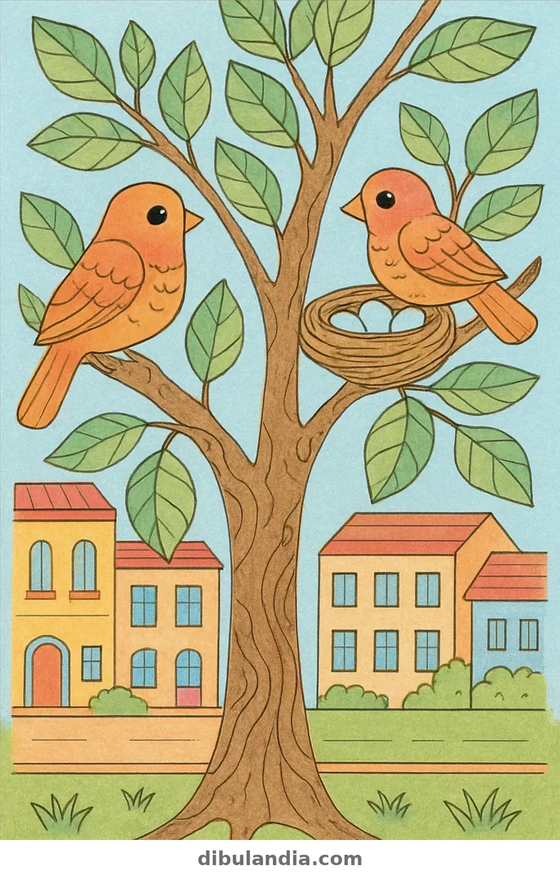 Ejemplo coloreado: Árbol con pájaros y nido