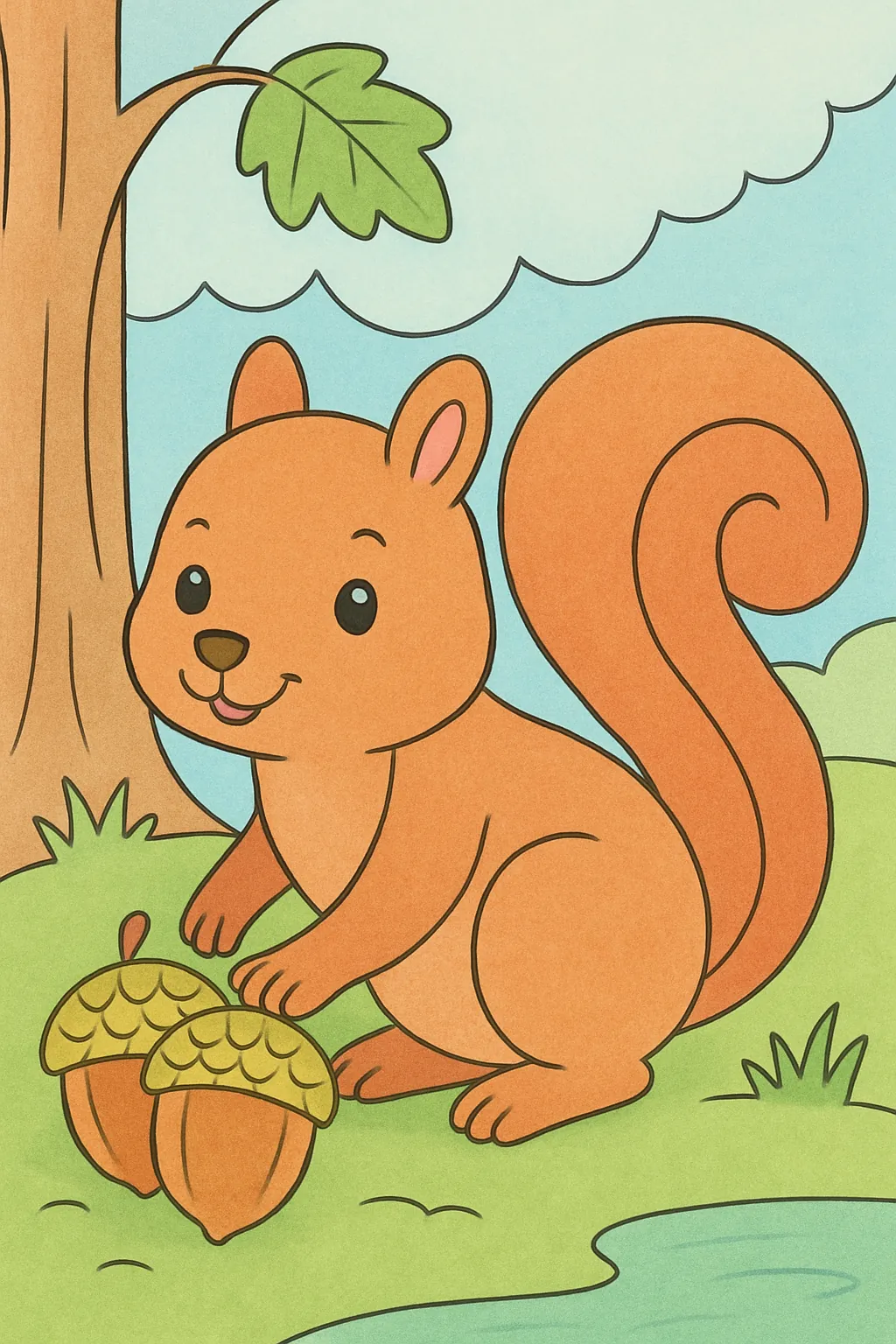 Ejemplo coloreado: Ardilla con bellotas