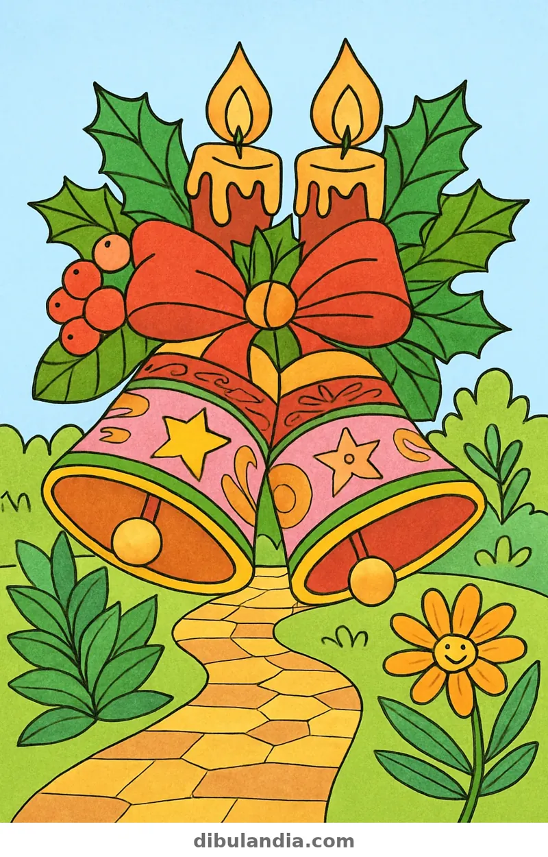 Ejemplo coloreado: Campanas y velas de Navidad