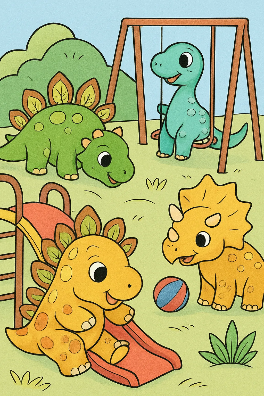 Ejemplo coloreado: Dinosaurios bebé jugando