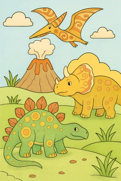 Ejemplo coloreado: Dinosaurios junto al volcán