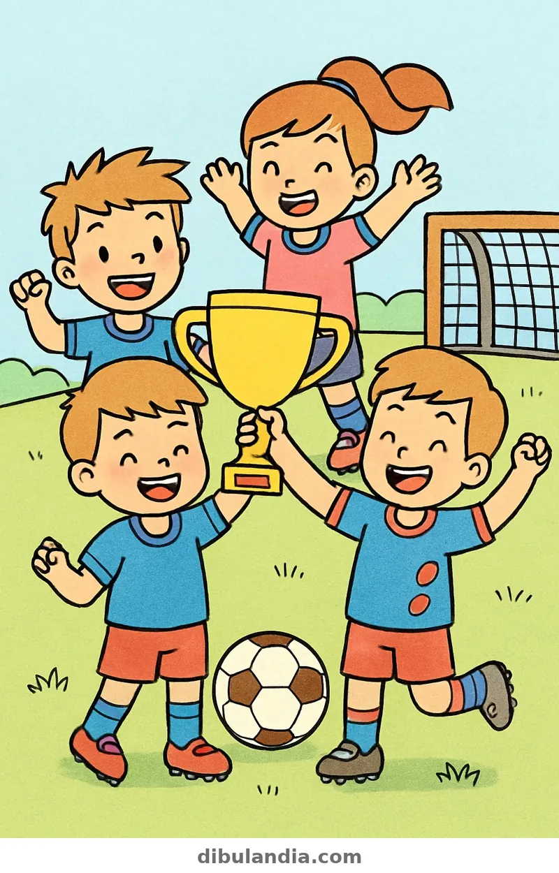 Ejemplo coloreado: Equipo celebrando con la copa