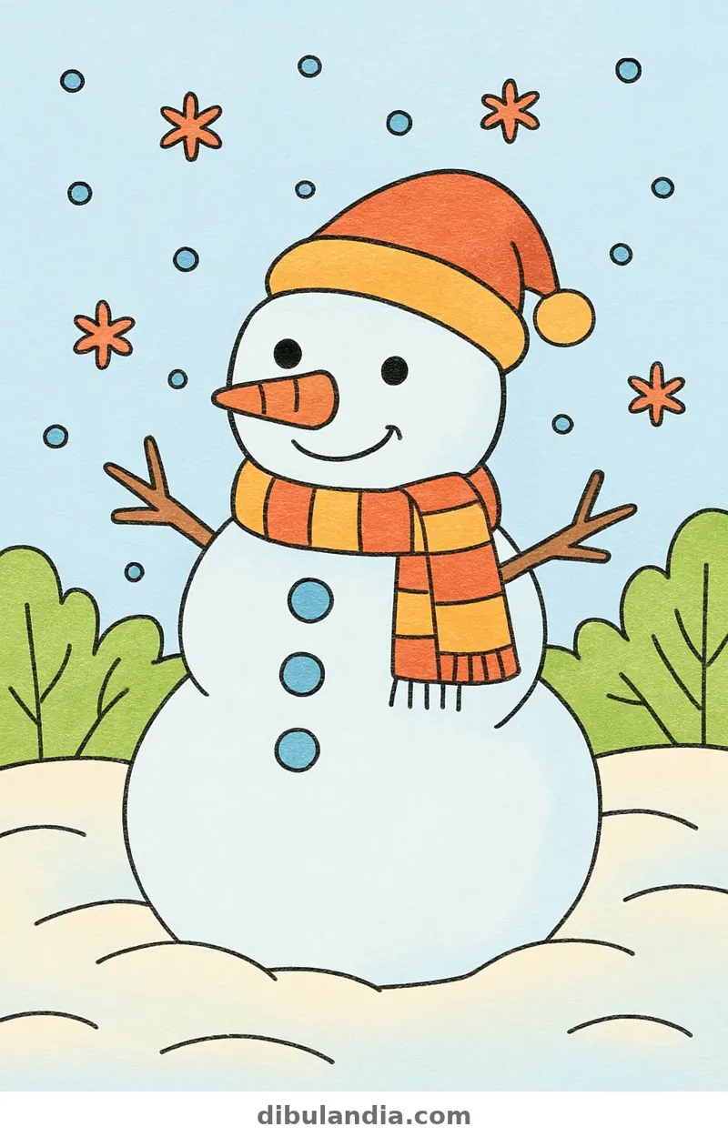 Ejemplo coloreado: Muñeco de nieve con gorro y bufanda
