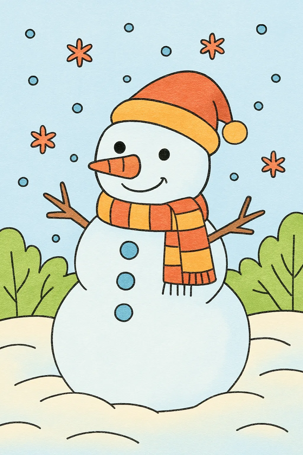 Ejemplo coloreado: Muñeco de nieve con gorro y bufanda