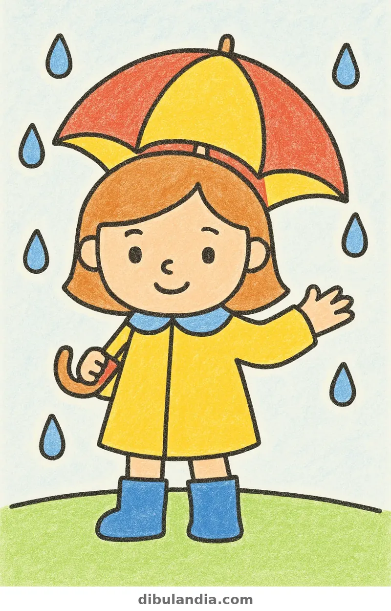 Ejemplo coloreado: Niña con paraguas bajo la lluvia