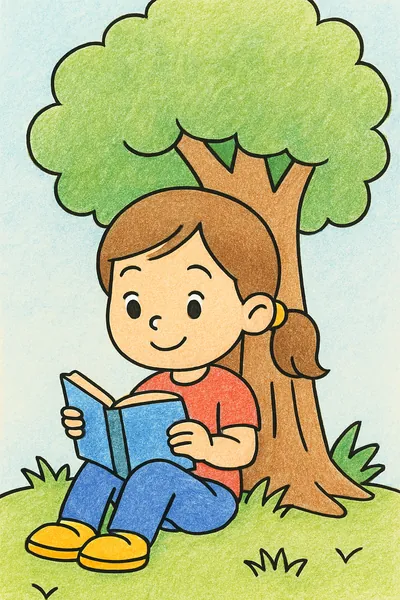Ejemplo coloreado: Niña leyendo bajo un árbol