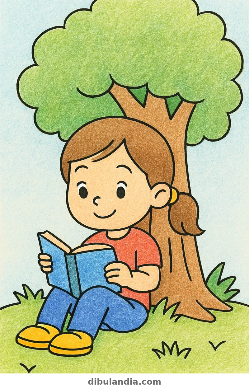 Ejemplo coloreado: Niña leyendo bajo un árbol
