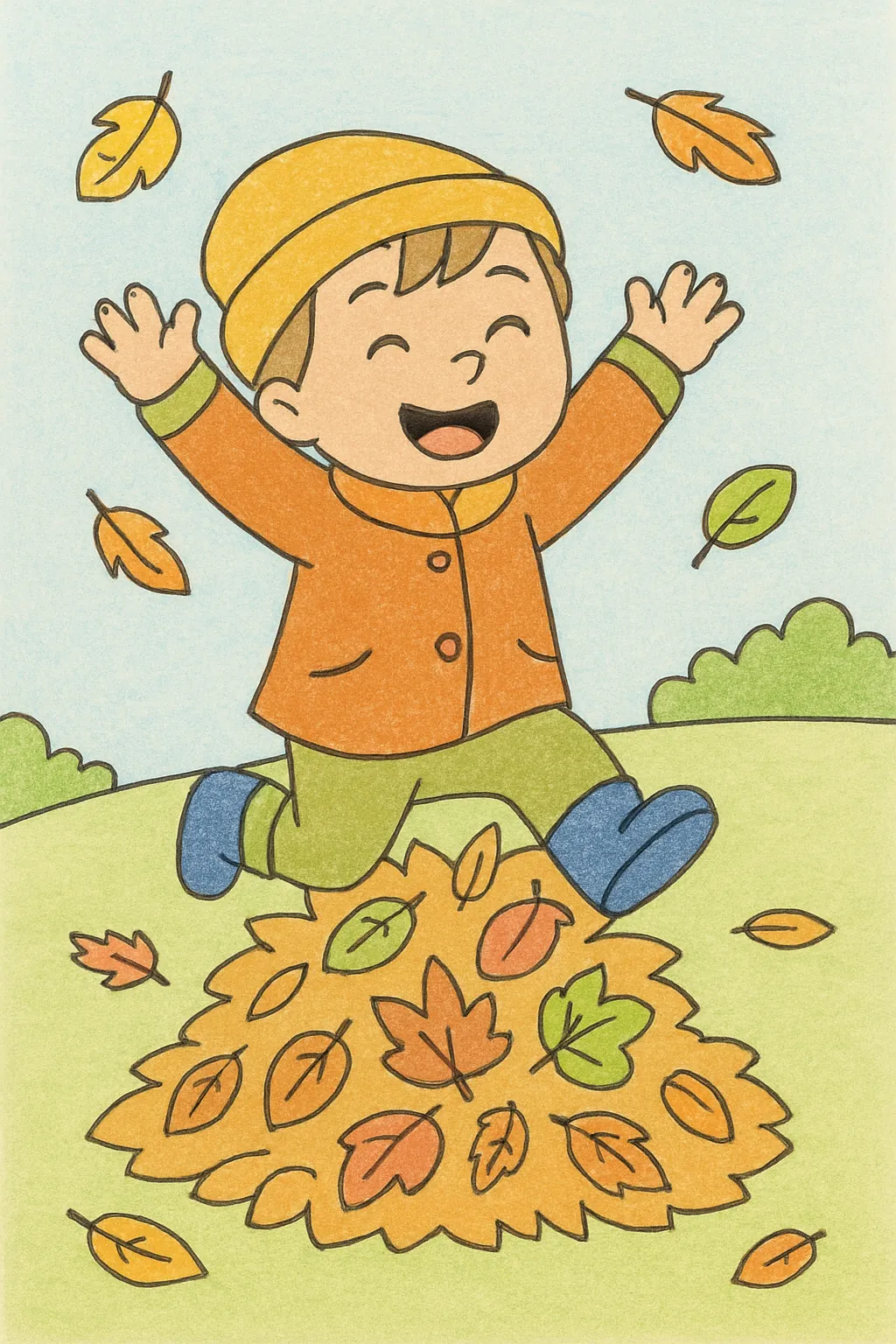 Ejemplo coloreado: Niño saltando sobre las hojas