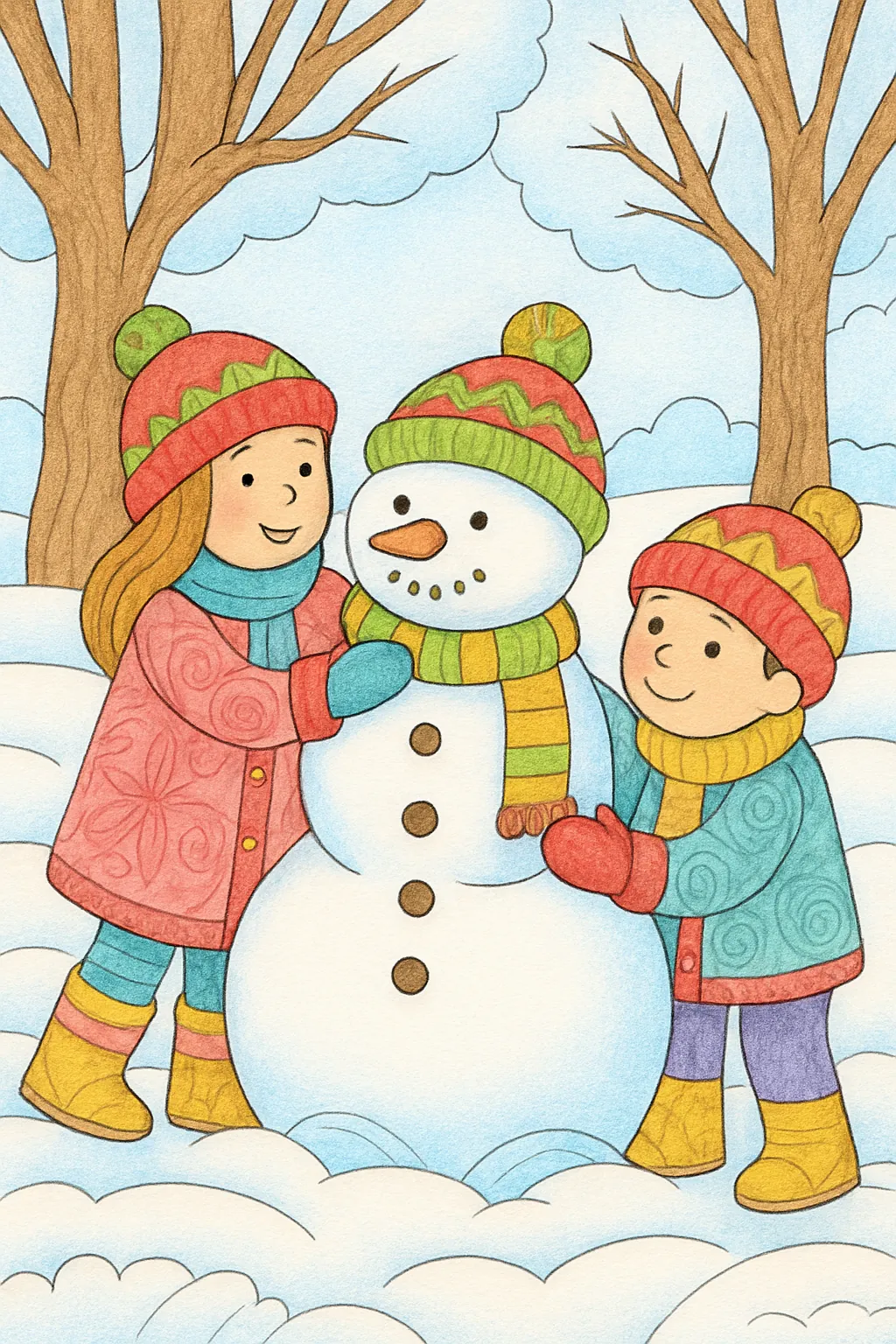 Ejemplo coloreado: Niños haciendo un muñeco de nieve