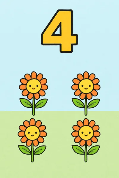 Ejemplo coloreado: Número 4 con cuatro flores
