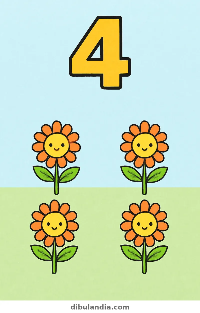 Ejemplo coloreado: Número 4 con cuatro flores