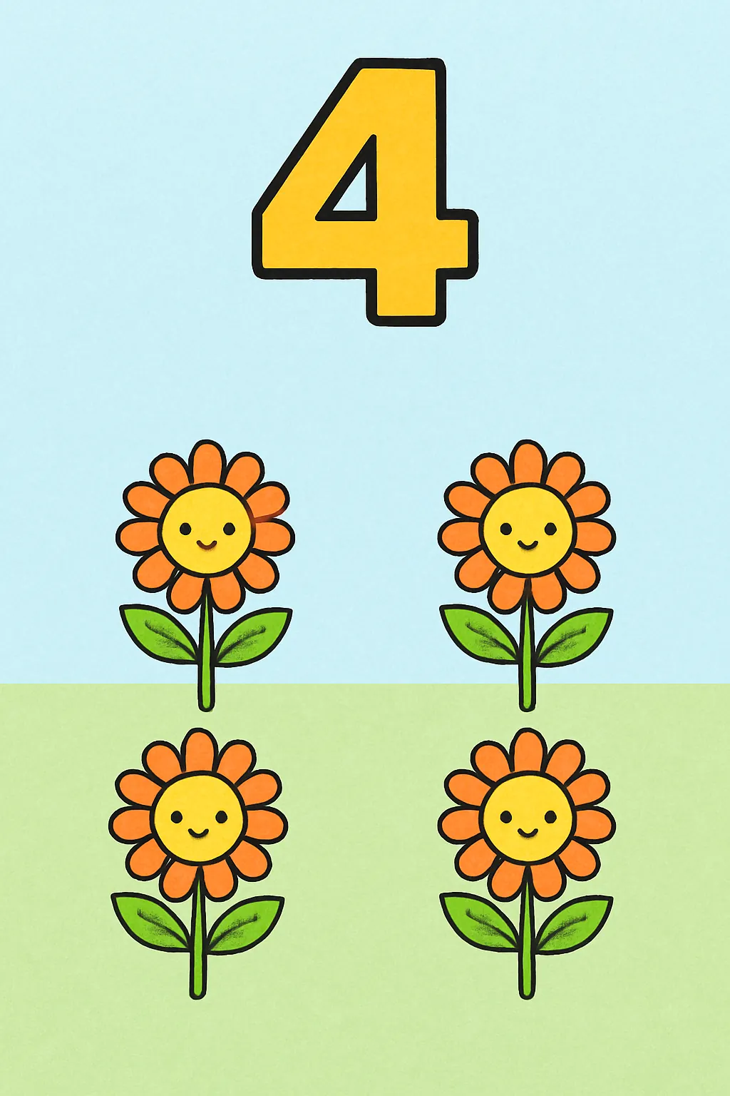 Ejemplo coloreado: Número 4 con cuatro flores