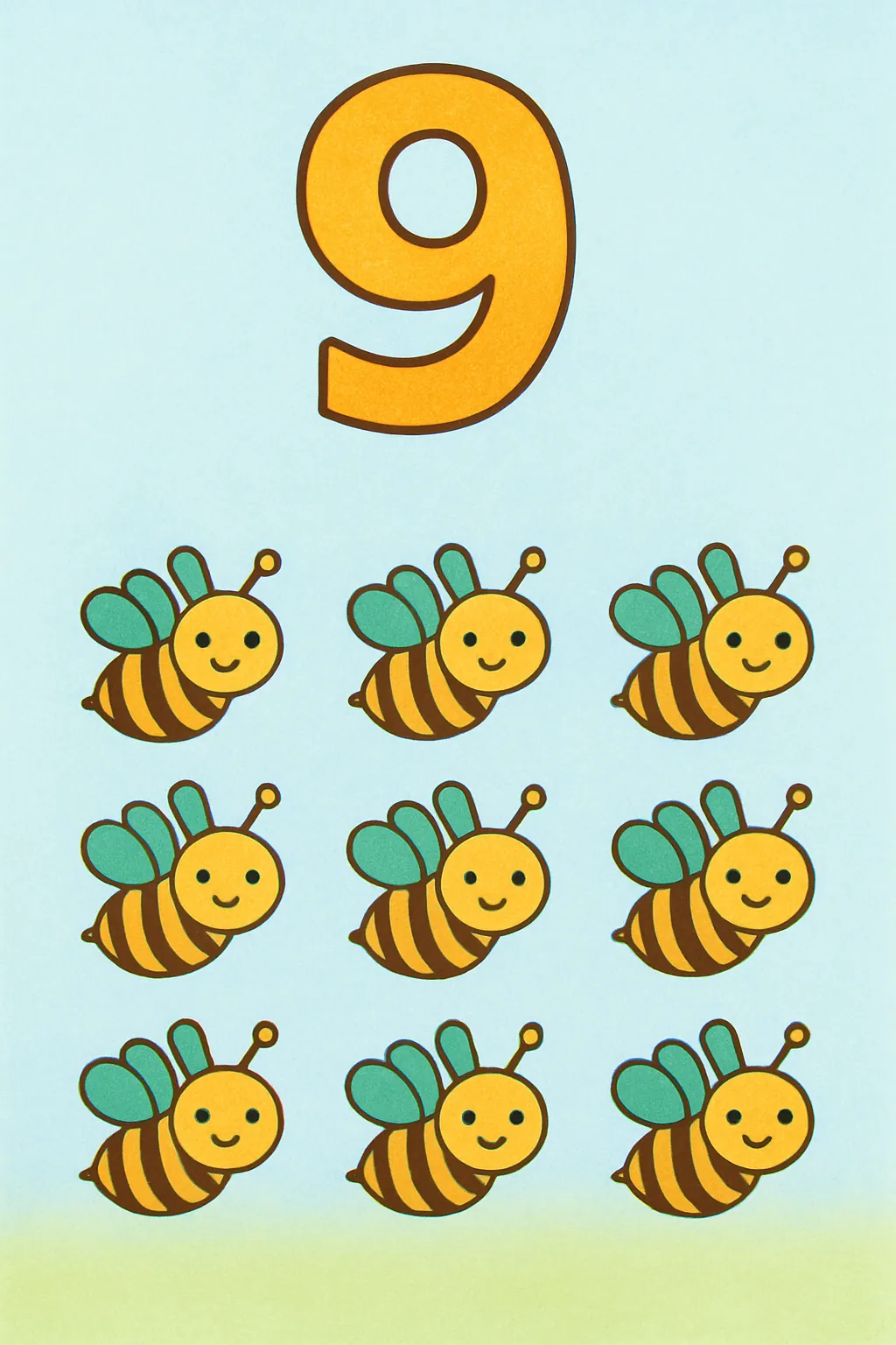 Ejemplo coloreado: Número 9 con nueve abejas