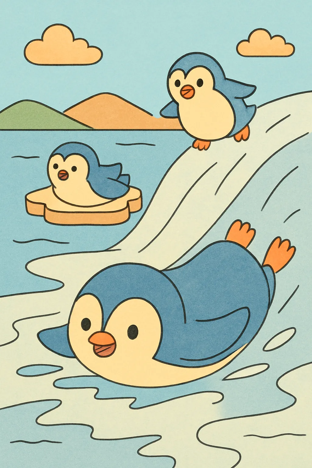 Ejemplo coloreado: Pingüinos deslizándose por el hielo