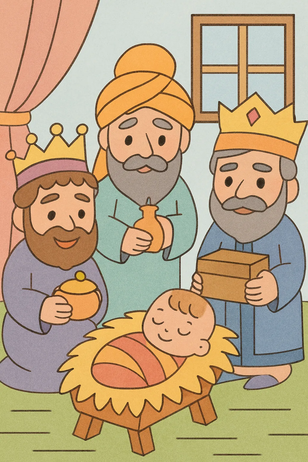 Ejemplo coloreado: Reyes Magos ante el pesebre