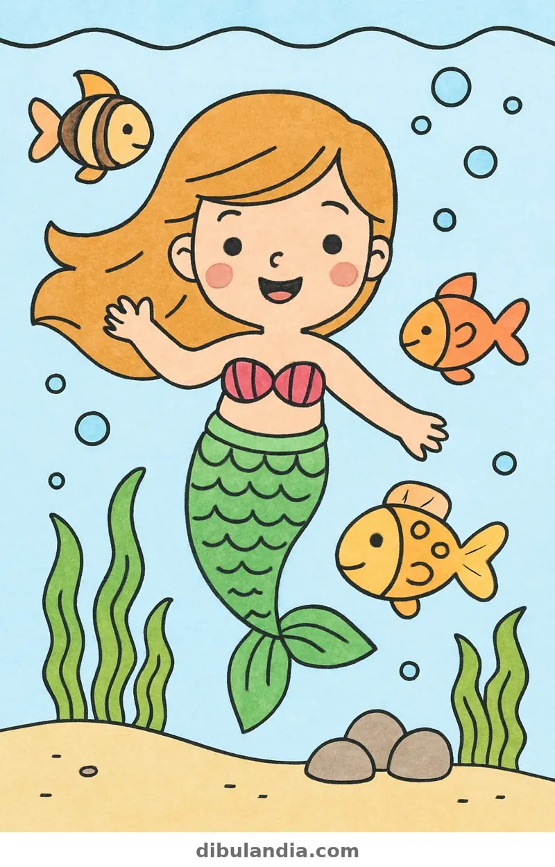 Ejemplo coloreado: Sirena con peces