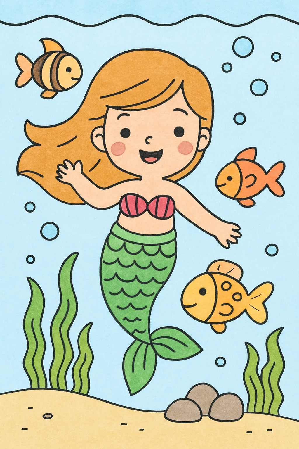 Ejemplo coloreado: Sirena con peces