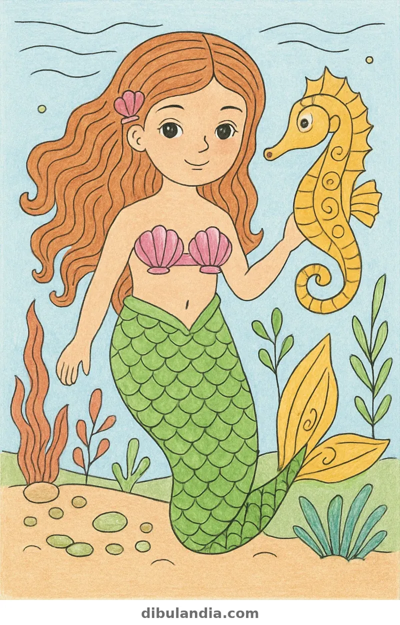 Ejemplo coloreado: Sirena con un caballito de mar
