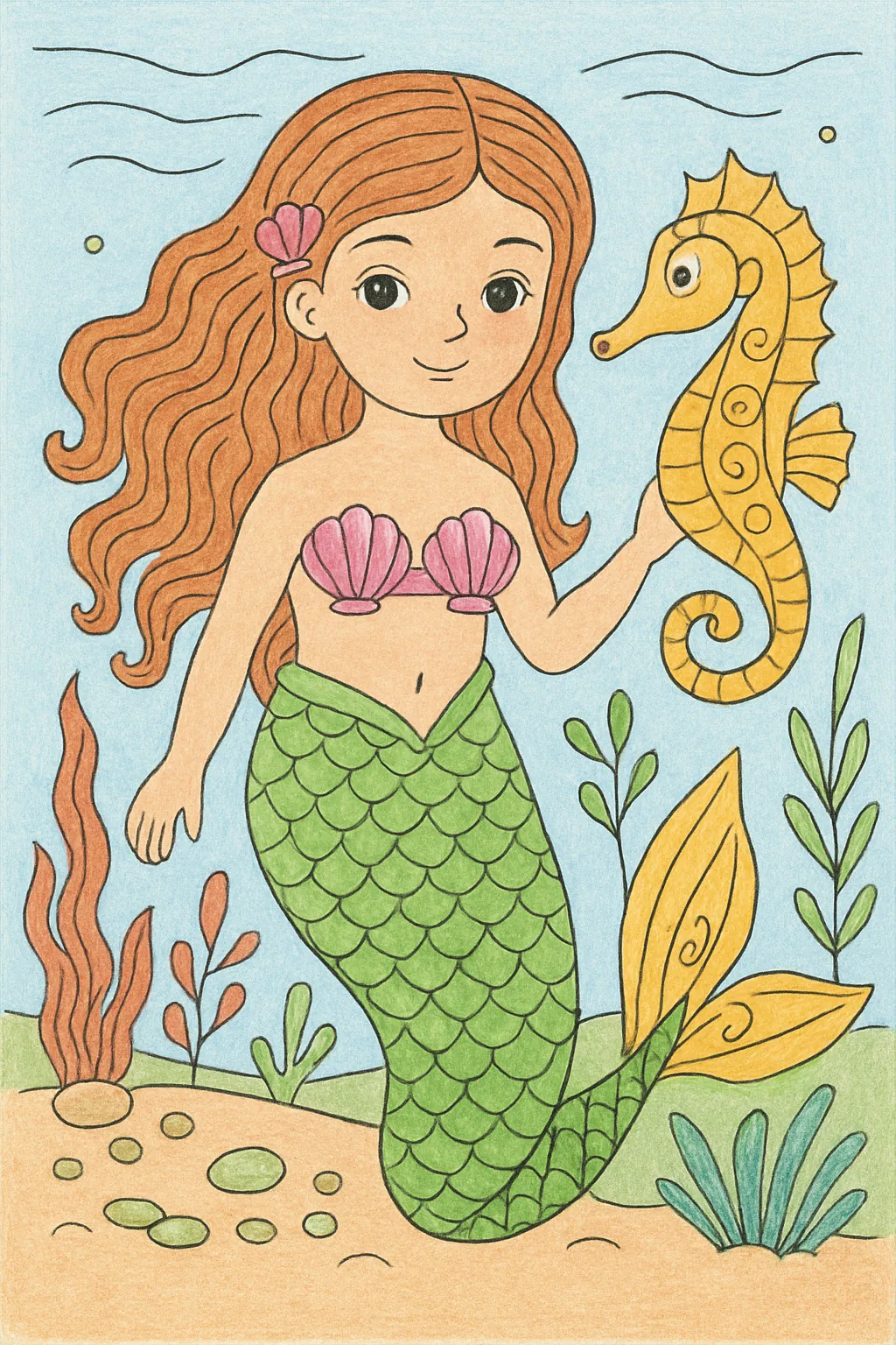 Ejemplo coloreado: Sirena con un caballito de mar