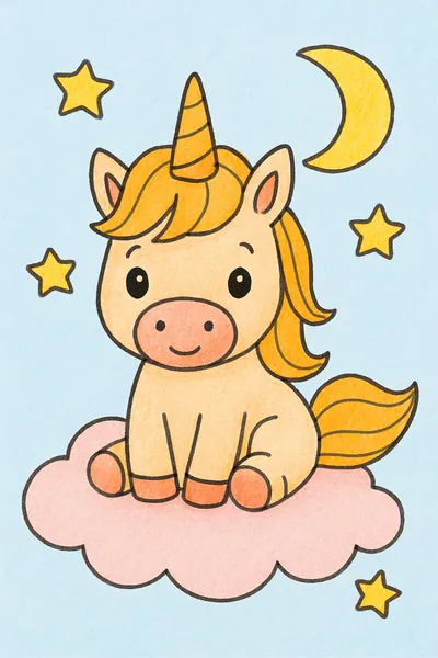 Ejemplo coloreado: Unicornio bebé entre estrellas