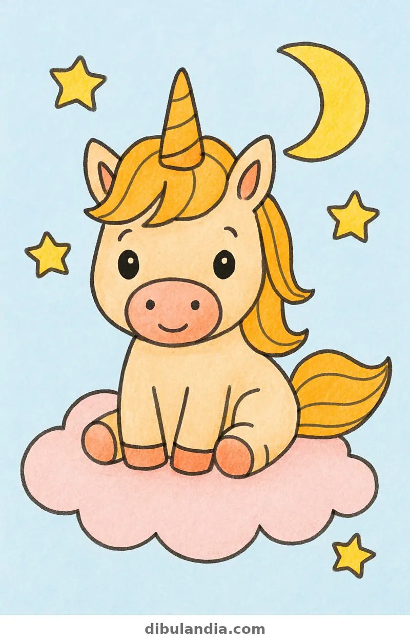 Ejemplo coloreado: Unicornio bebé entre estrellas