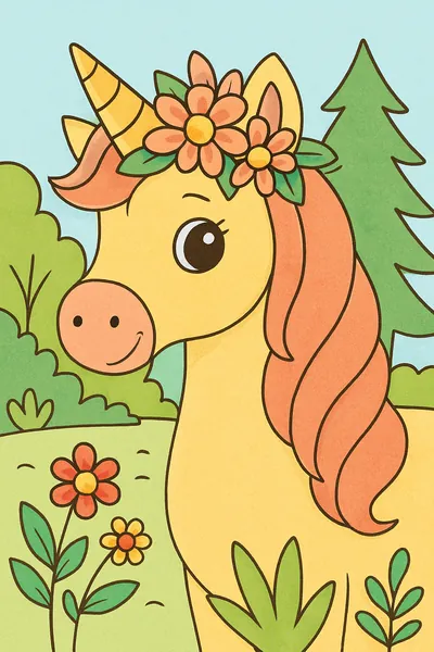 Ejemplo coloreado: Unicornio con corona de flores