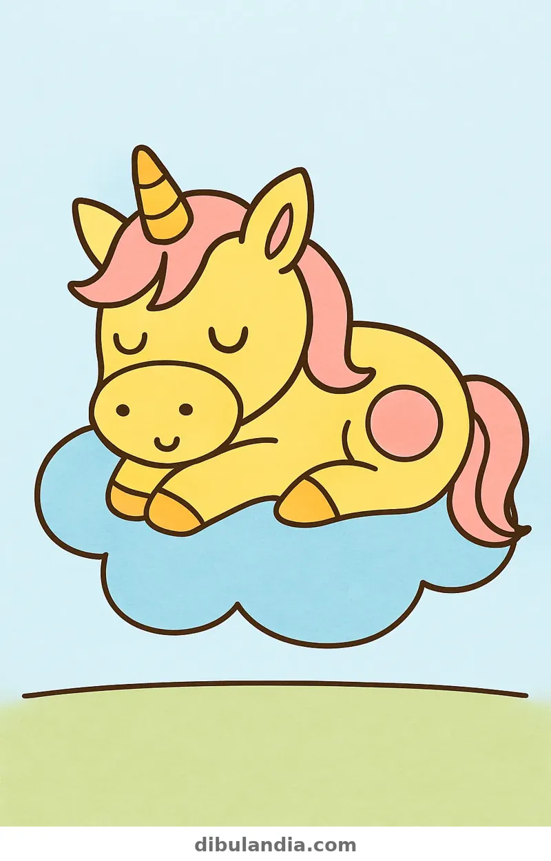 Ejemplo coloreado: Unicornio durmiendo en una nube