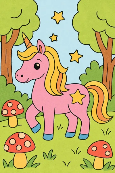 Ejemplo coloreado: Unicornio en el bosque mágico