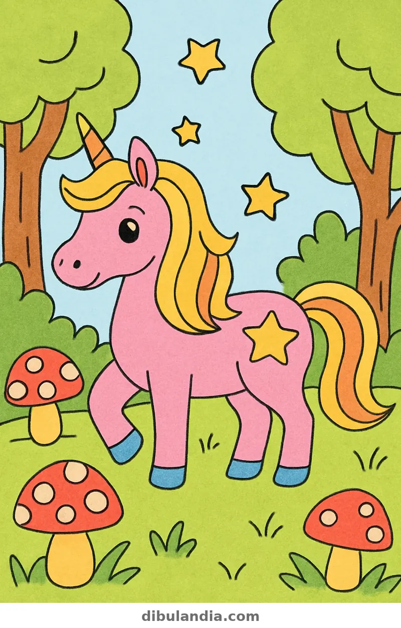 Ejemplo coloreado: Unicornio en el bosque mágico